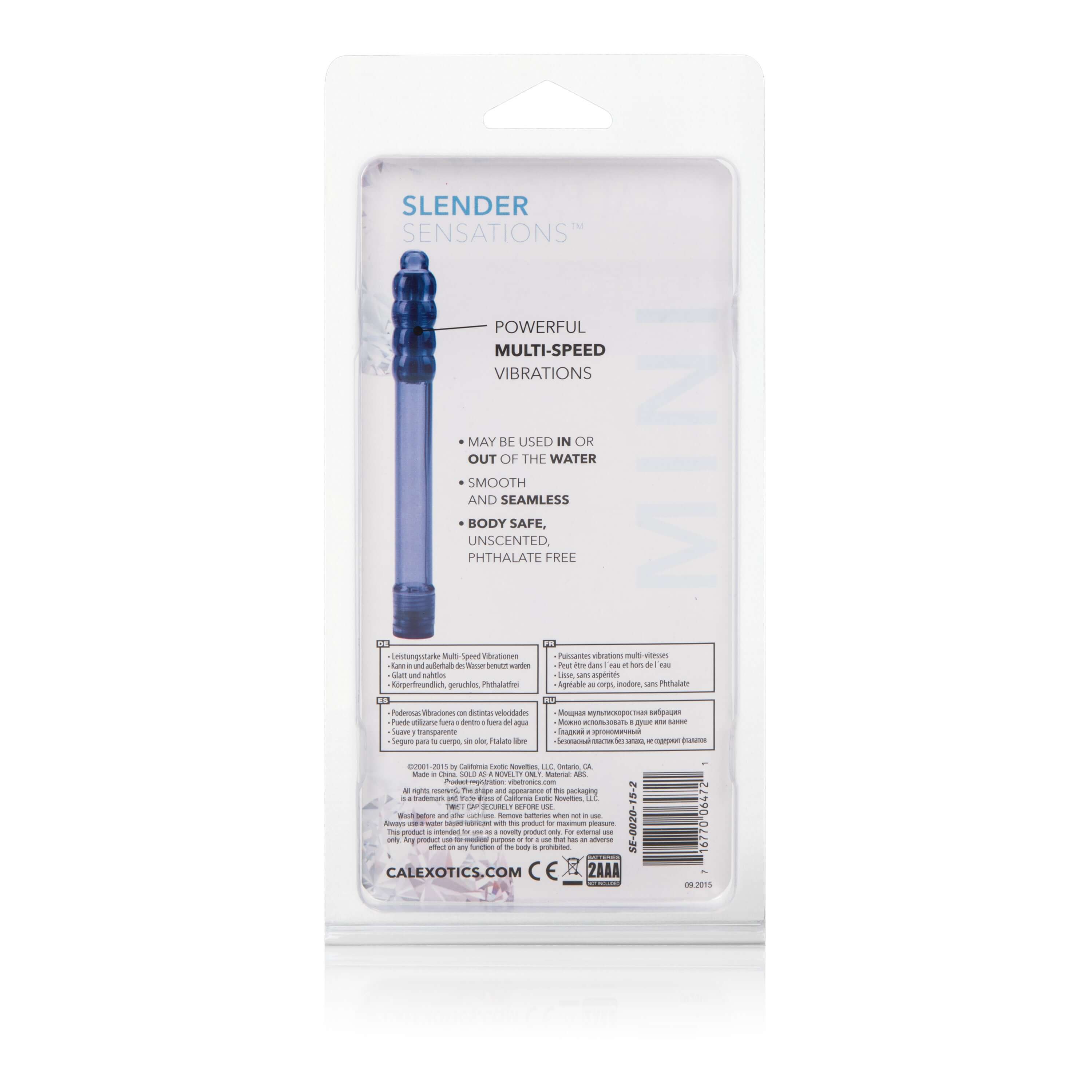 Slender Sensations Mini Vibrator Purple packaging showcasing powerful multi-speed vibrations and body-safe material.