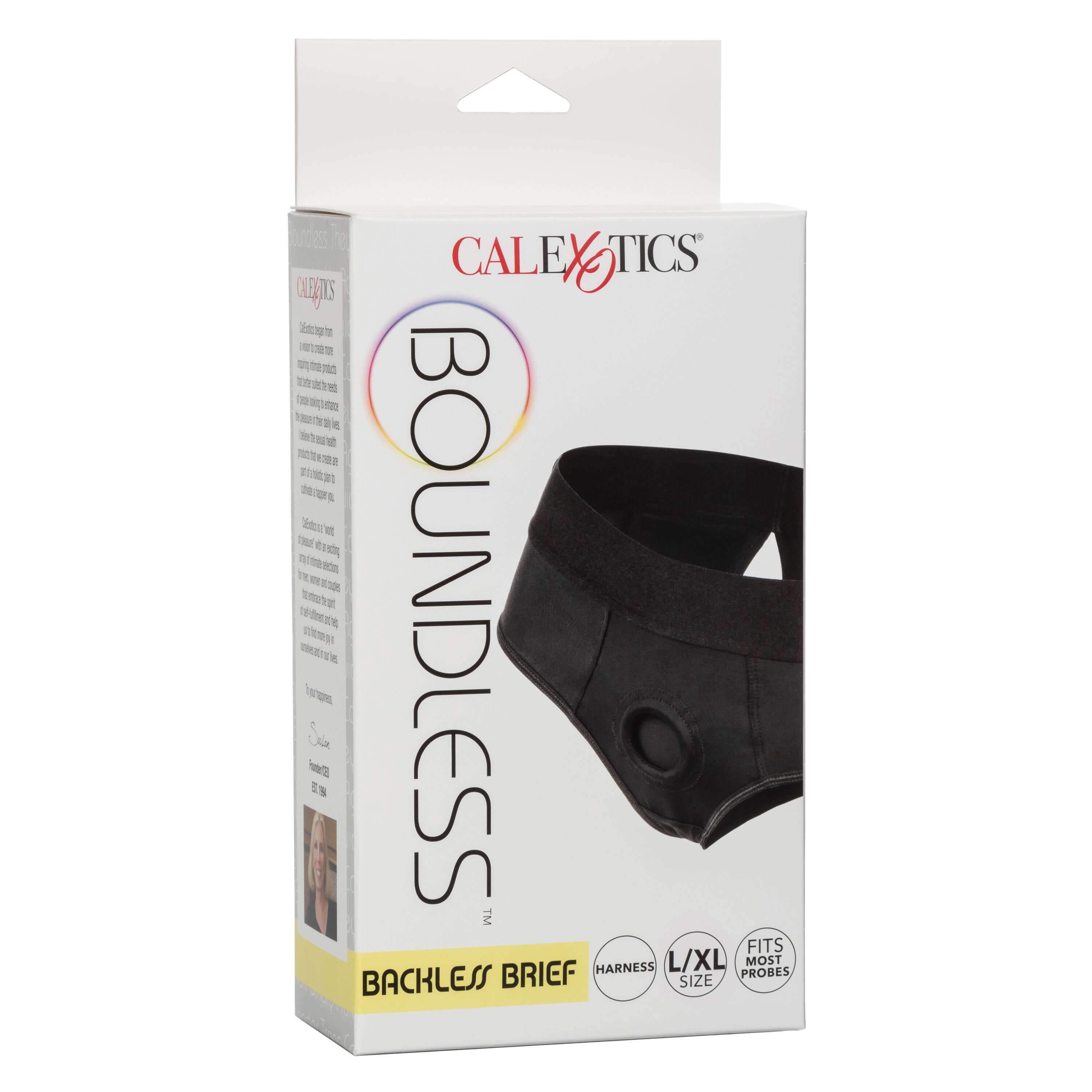 Boundless Backless Brief Large XL Black product packaging showcasing a comfortable harness brief for discreet wear.