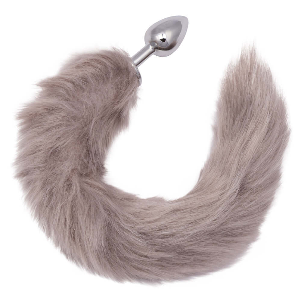 Grey Running Wild Tail Anal Plug with smooth metallic probe and luxurious long fur tail.