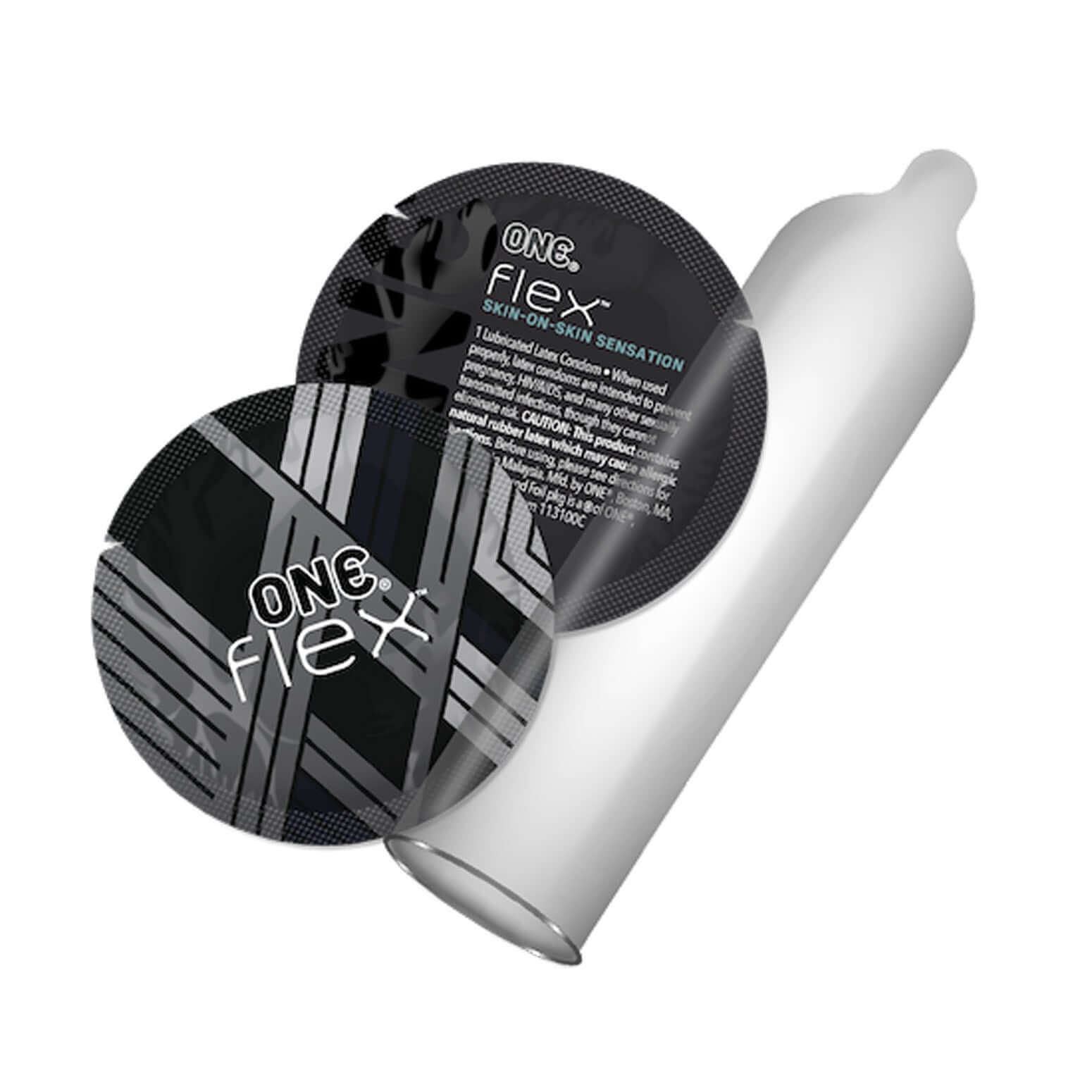 One Flex 10 Count Condoms packaging and partially unwrapped ultra-thin graphene condom showing premium latex flexibility and strength.