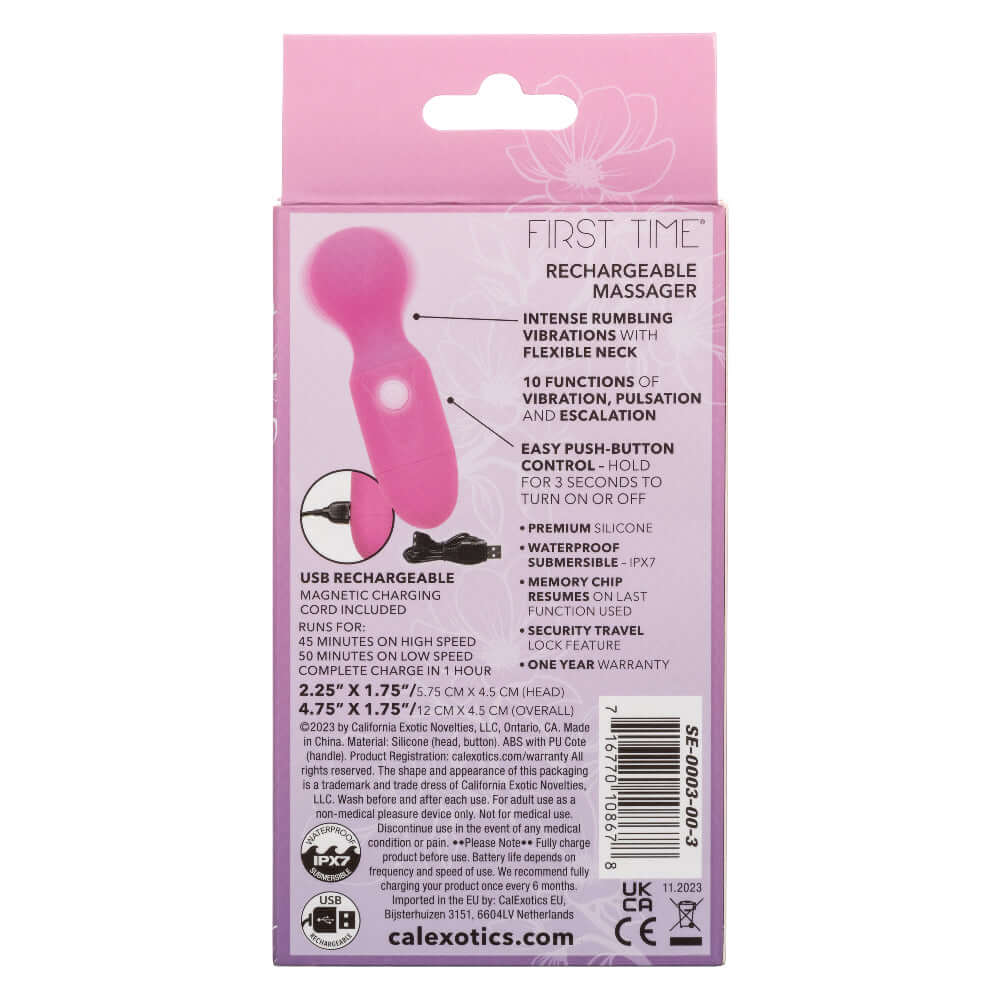 First Time Rechargeable Massager Pink packaging back view showing features and specifications.