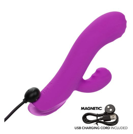 Kroma Turbo Passion Vibrator Purple with magnetic USB charging cord, featuring dual stimulation and ergonomic design.