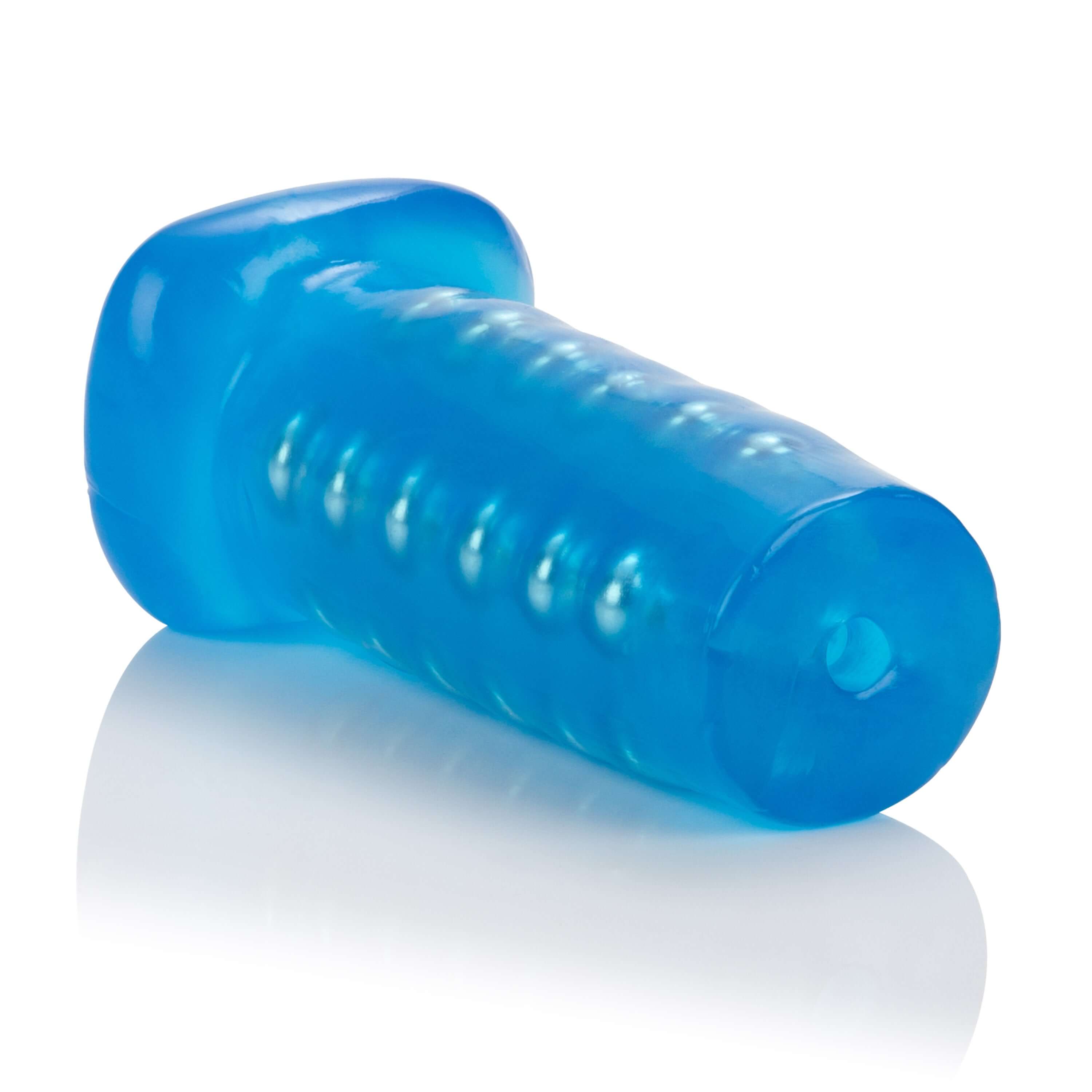 Beaded Masturbator Blue Basic Essentials showing a soft and stretchy stroker with textured interior for stimulation.
