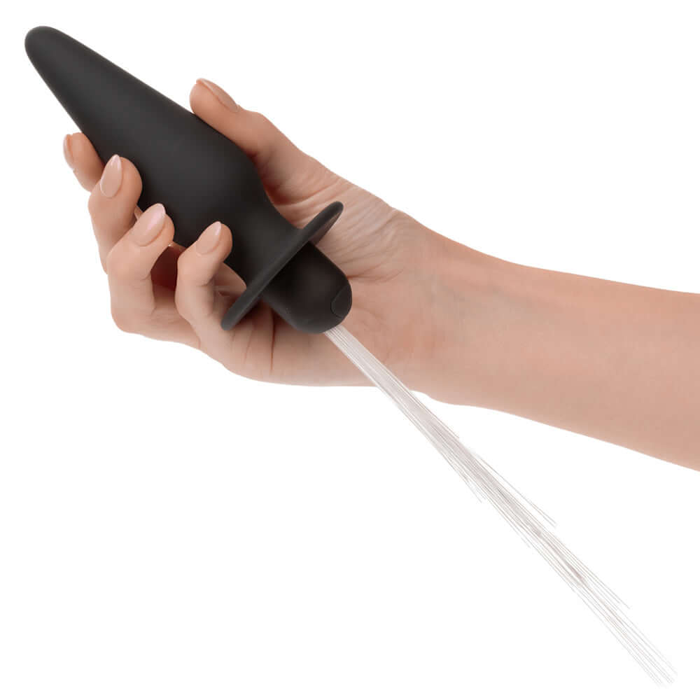 Hand holding the Southern Lights Vibrating Light Up Anal Probe in black silicone with light strands.
