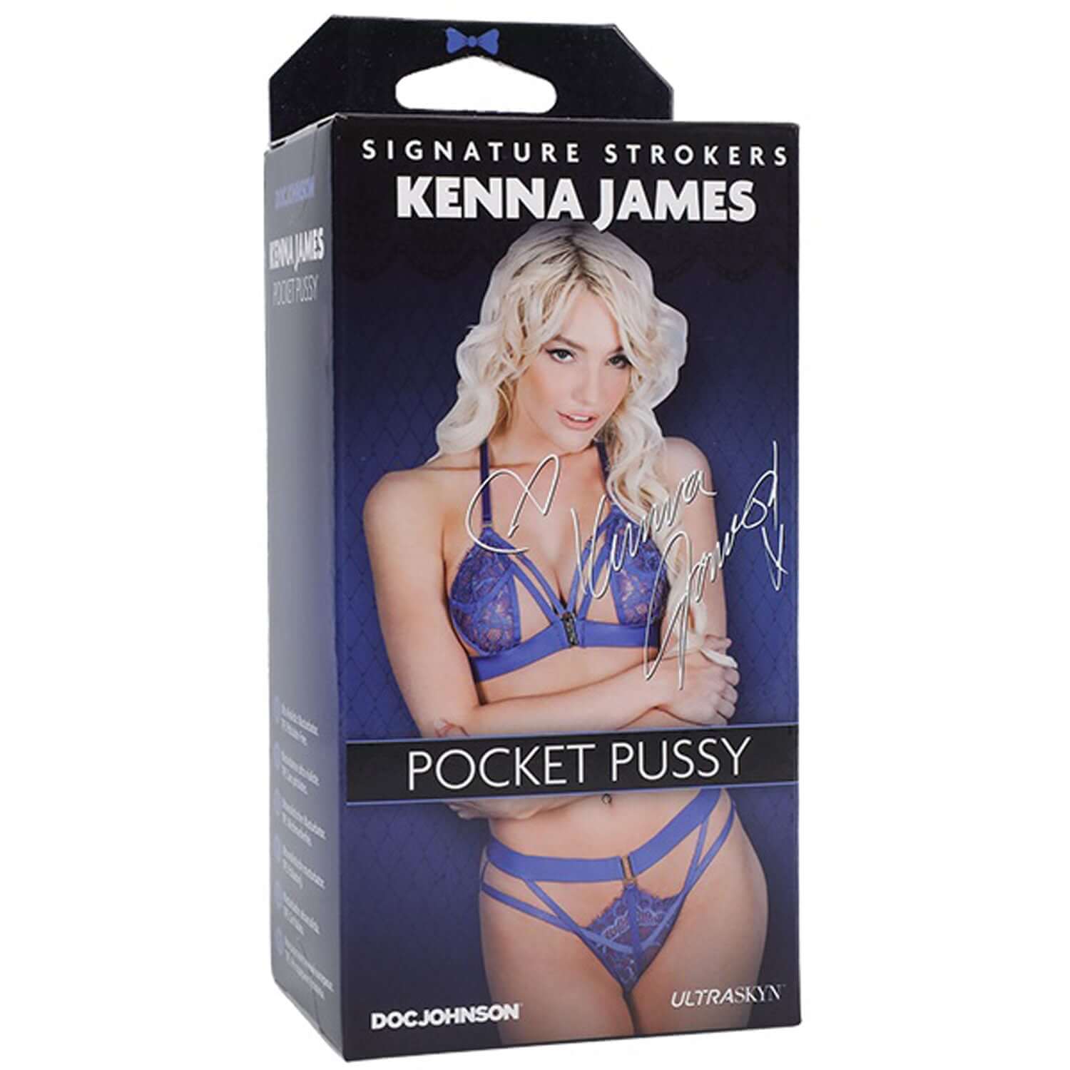 Signature Strokers Kenna James Pocket Pussy in packaging from Doc Johnson featuring ULTRASKYN material for a lifelike feel.