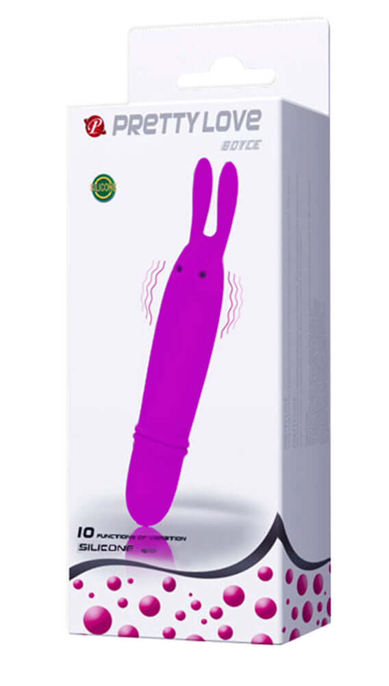 Pretty Love Bunny Vibrator Boyce packaging design featuring a pink rabbit-style vibrator.