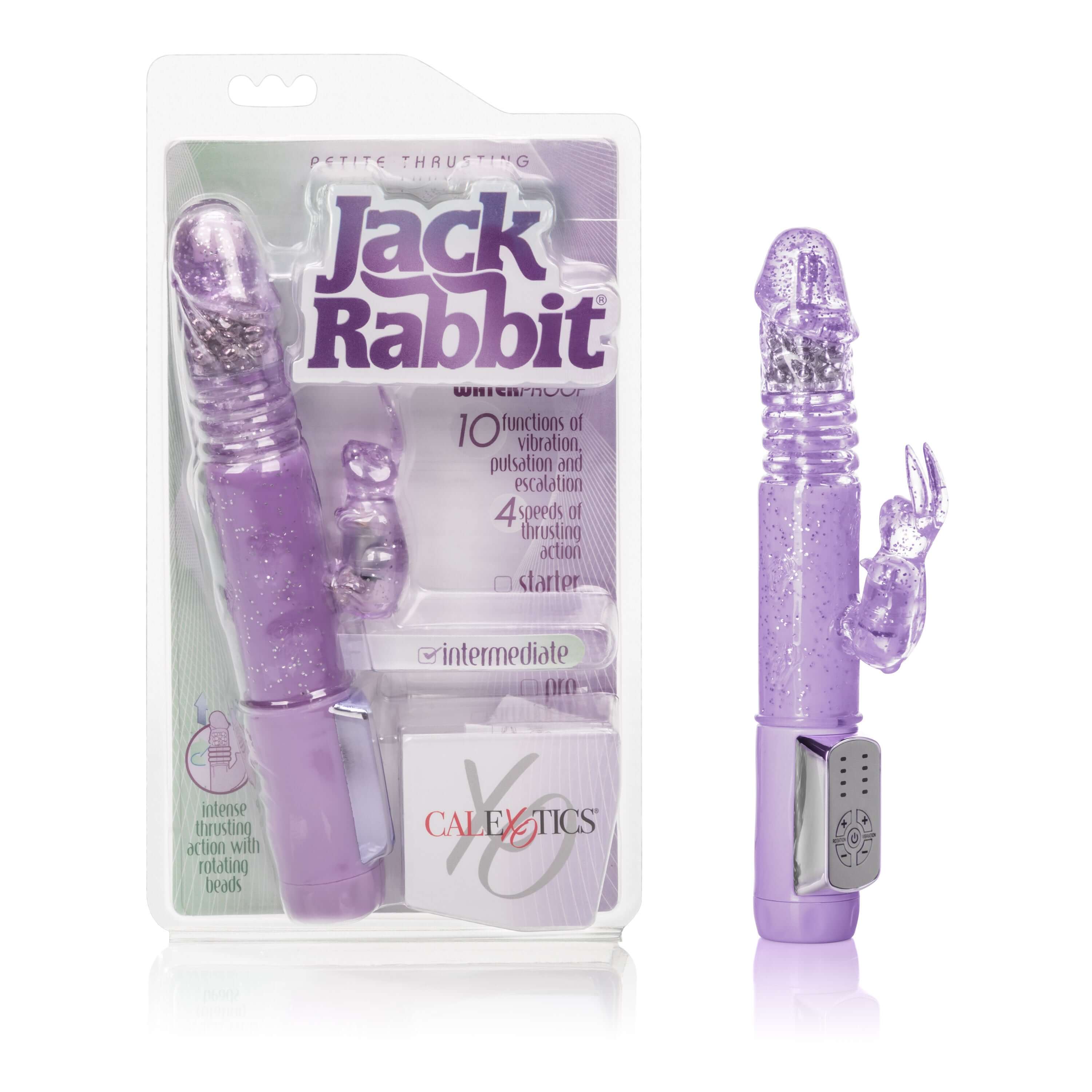 Petite Thrusting Jack Rabbit Vibrator Purple in packaging, showing its thrusting motion and dual-action features.