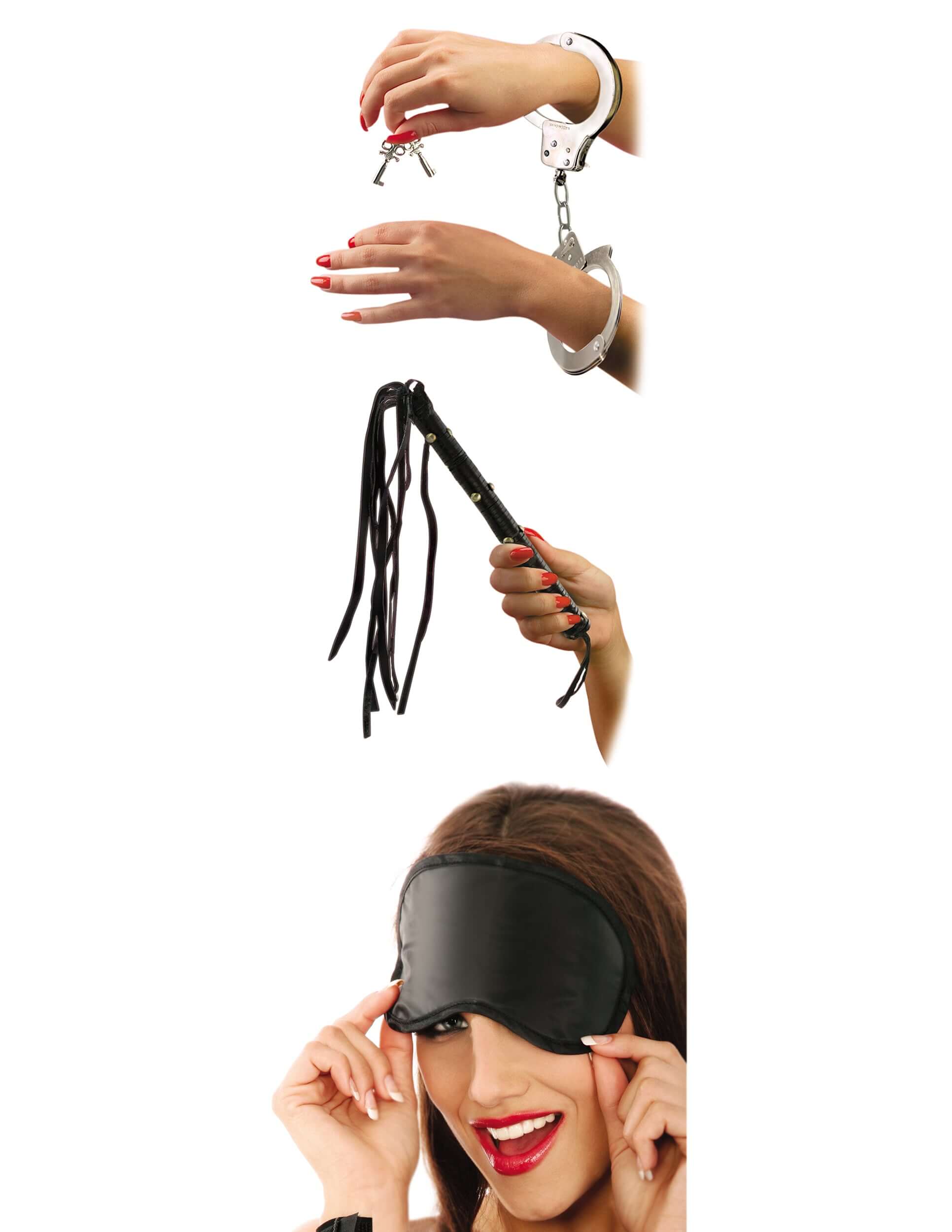 Fetish Fantasy Series Lovers Fantasy Kit showcasing handcuffs, a flogger, and a blindfold for playful intimacy.