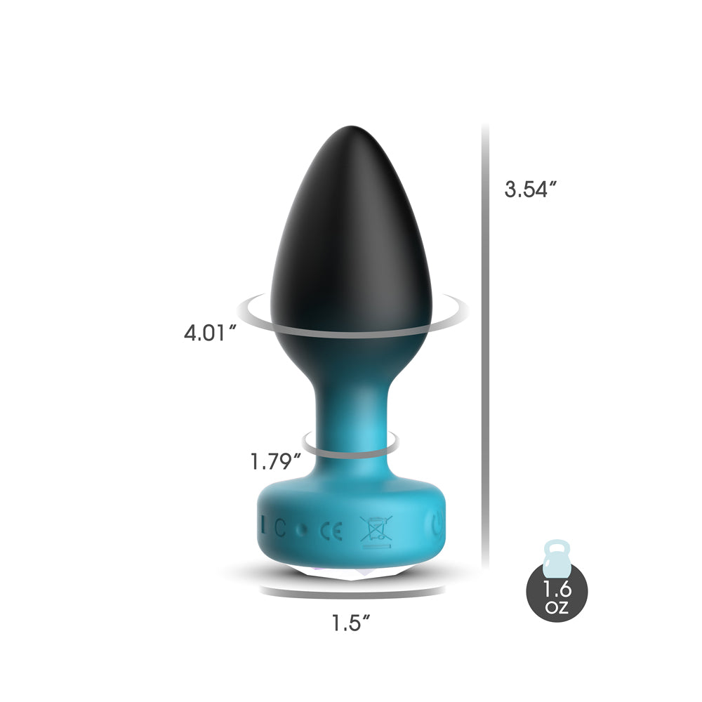 Cheeky Charms Eluxe Vibrating Anal Plug Small Teal dimensions showing its sleek design and sizes.