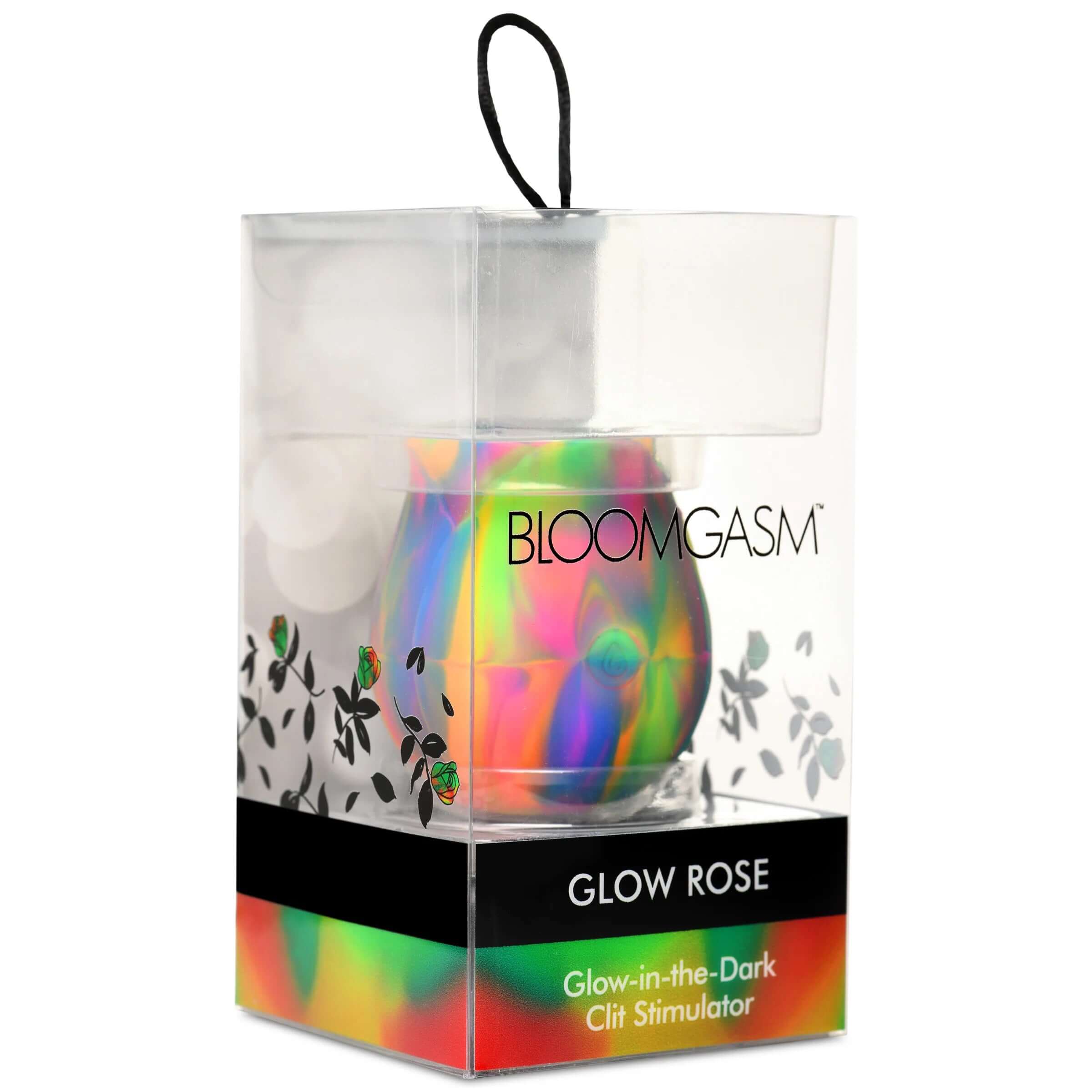 Glow Rose Glow-in-the-Dark Rose Clit Stimulator - Rainbow in packaging with vibrant colors and phosphorescent petals.