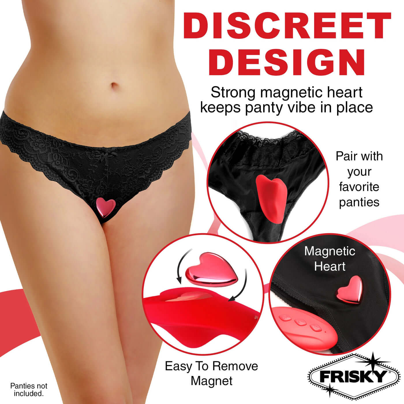 Discreet design silicone panty vibe with red magnetic heart, easy to remove, pairs with any panties, ergonomic for perfect fit.