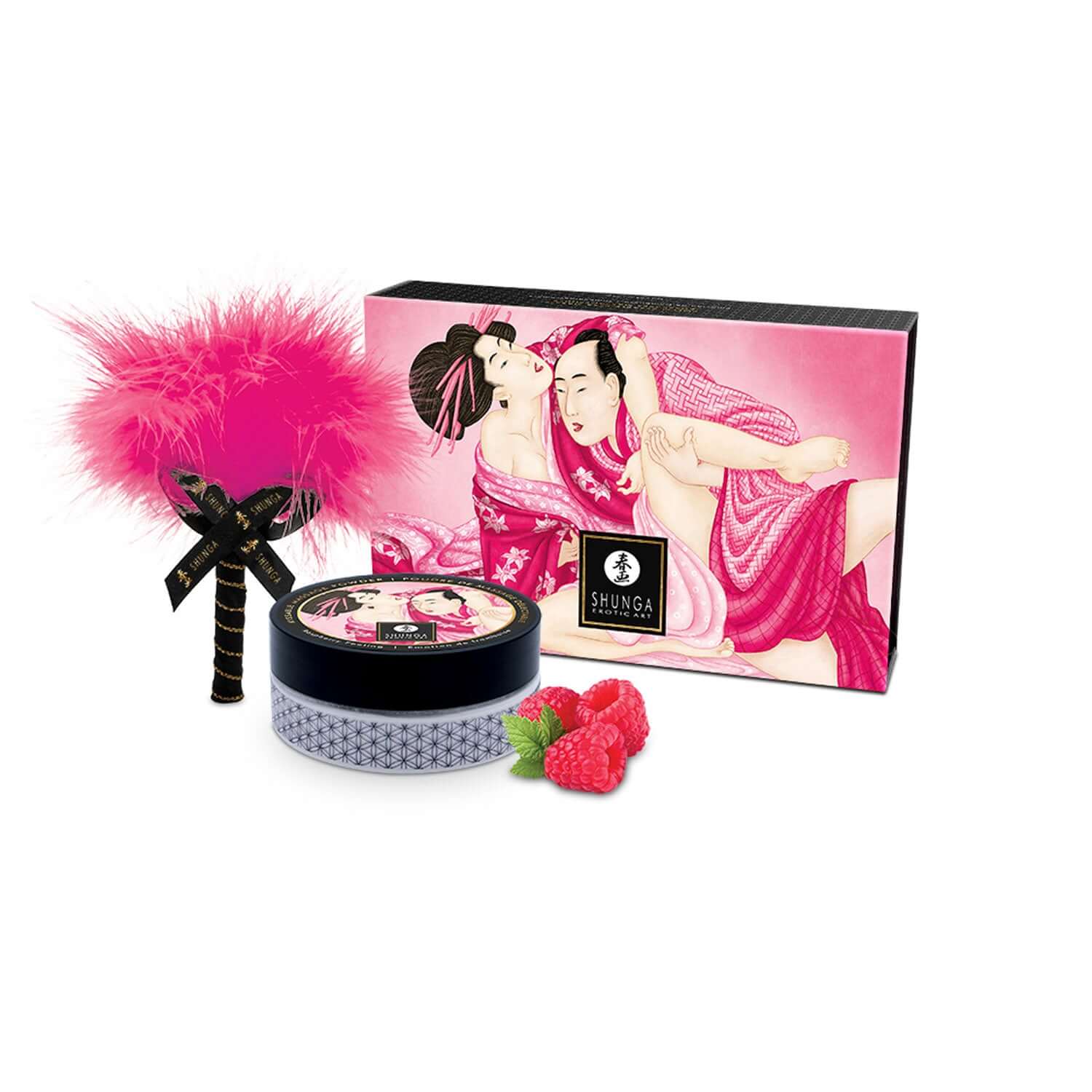 Shunga Kissable Body Powder Raspberry Filling with feather applicator and box showcasing artwork, scented for sensual massage.