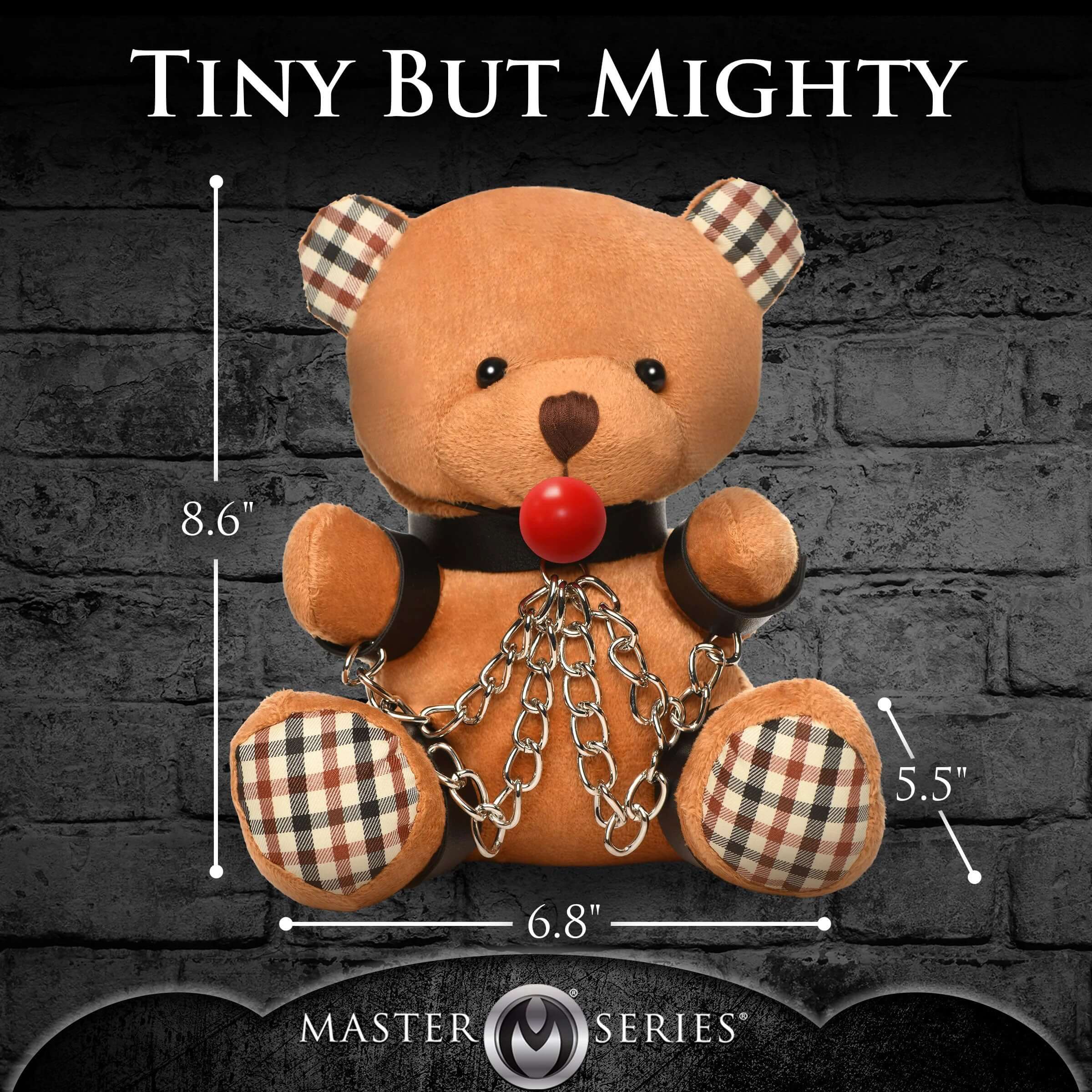 Gagged Teddy Bear Plush with chains and red gag, measuring 8.6 inches tall and 6.8 inches wide, playful novelty gift.