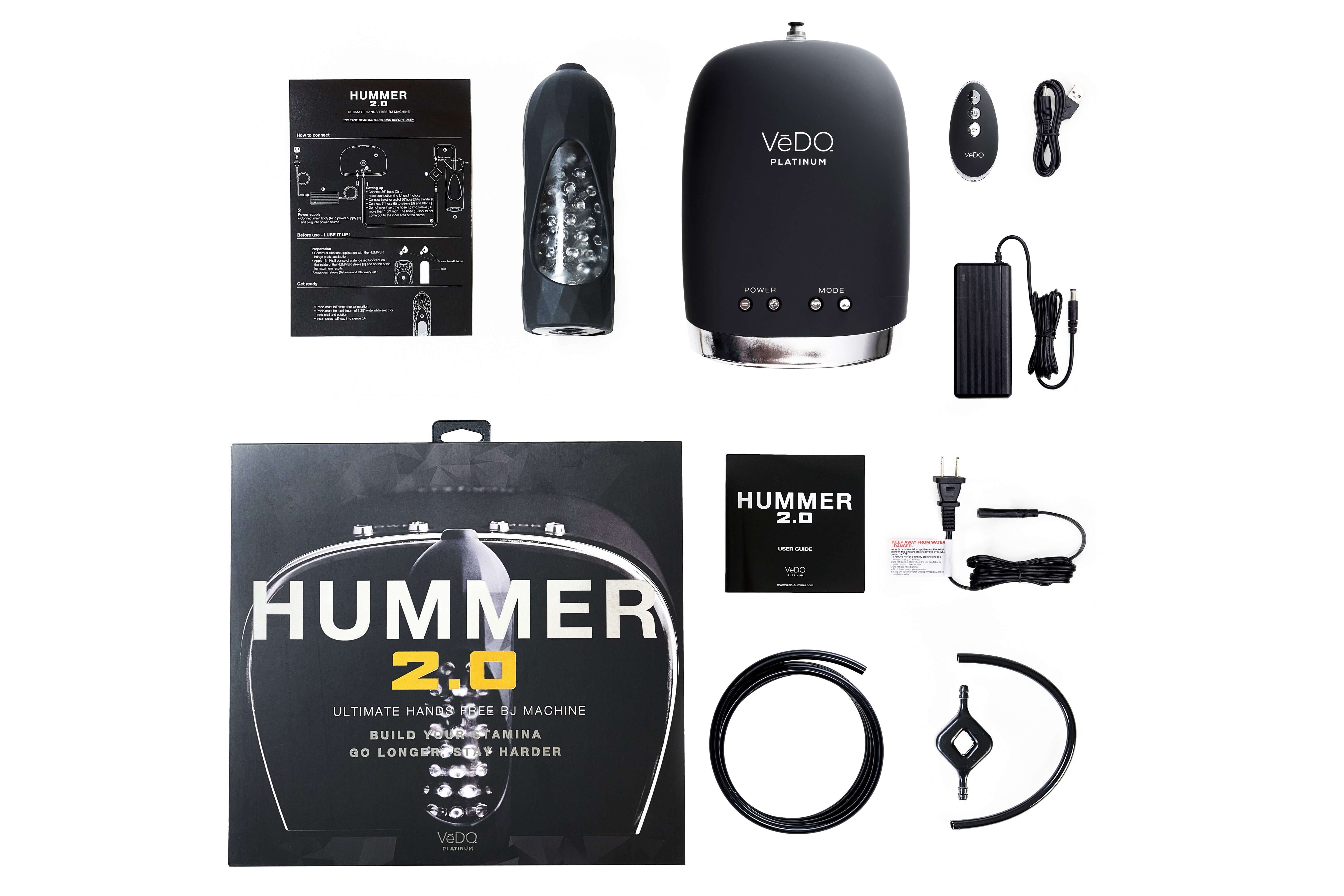 Vedo Hummer 2.0 Ultimate BJ Machine components including device, remote control, and manual.