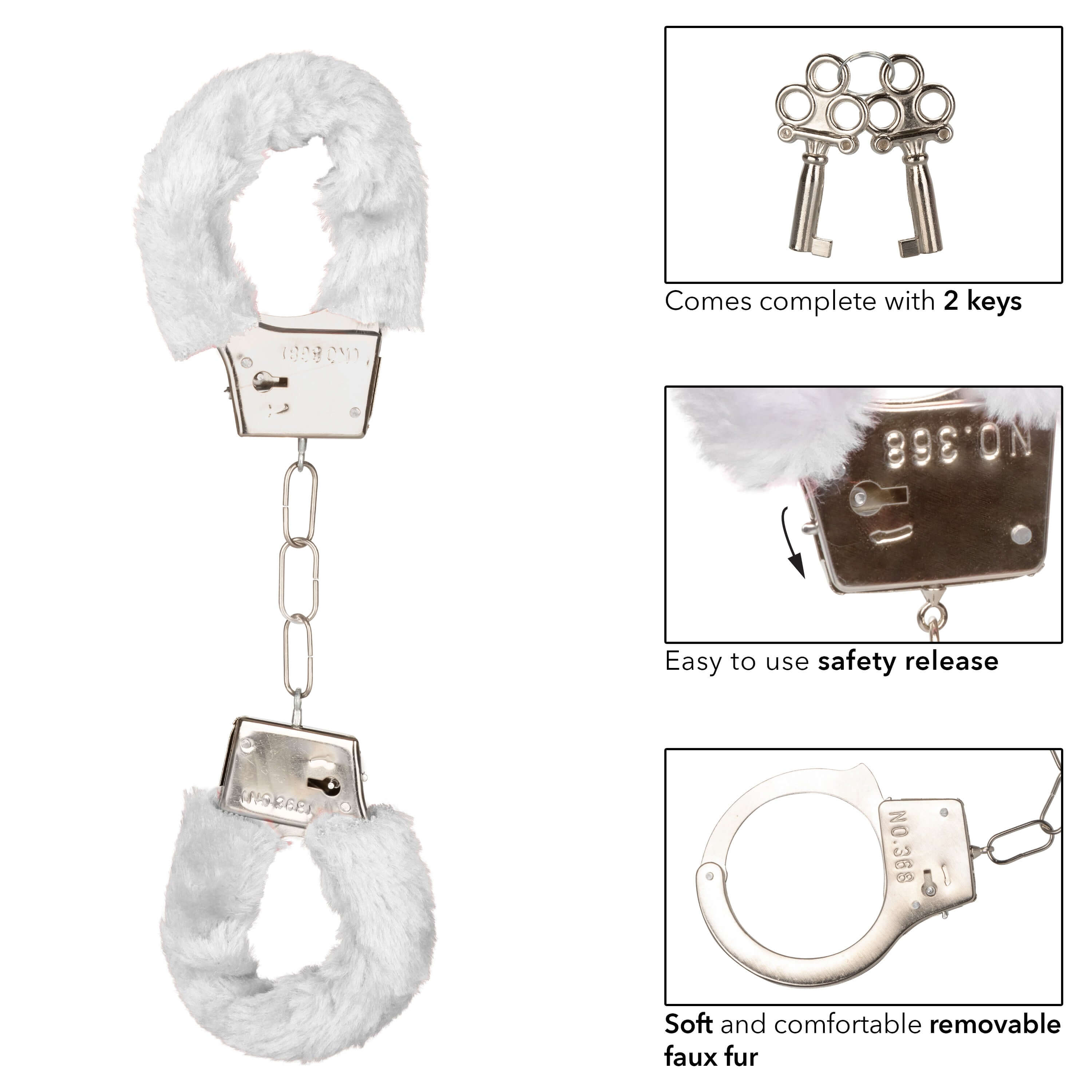 Playful Furry Cuffs White with removable faux fur, safety release, and two keys for light bondage play.