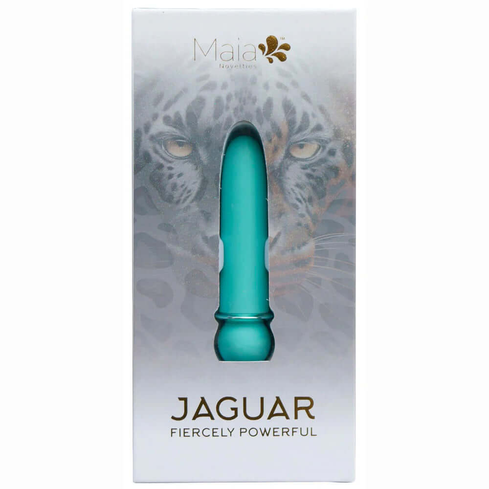 Jaguar Fiercely Powerful blue vibrator by Maia Novelties in elegant packaging with jaguar design, featuring 10-function settings.