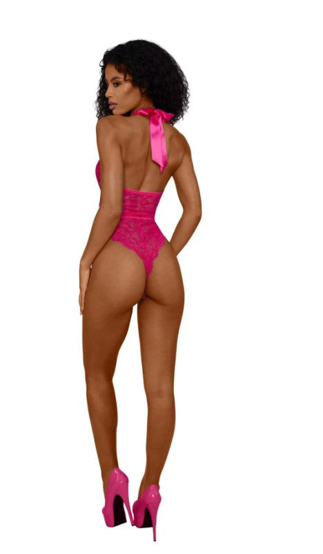 Model wearing Dreamgirl Tiana Lace Teddy With Satin Tie L XL Azalea, showcasing lace design with satin tie.
