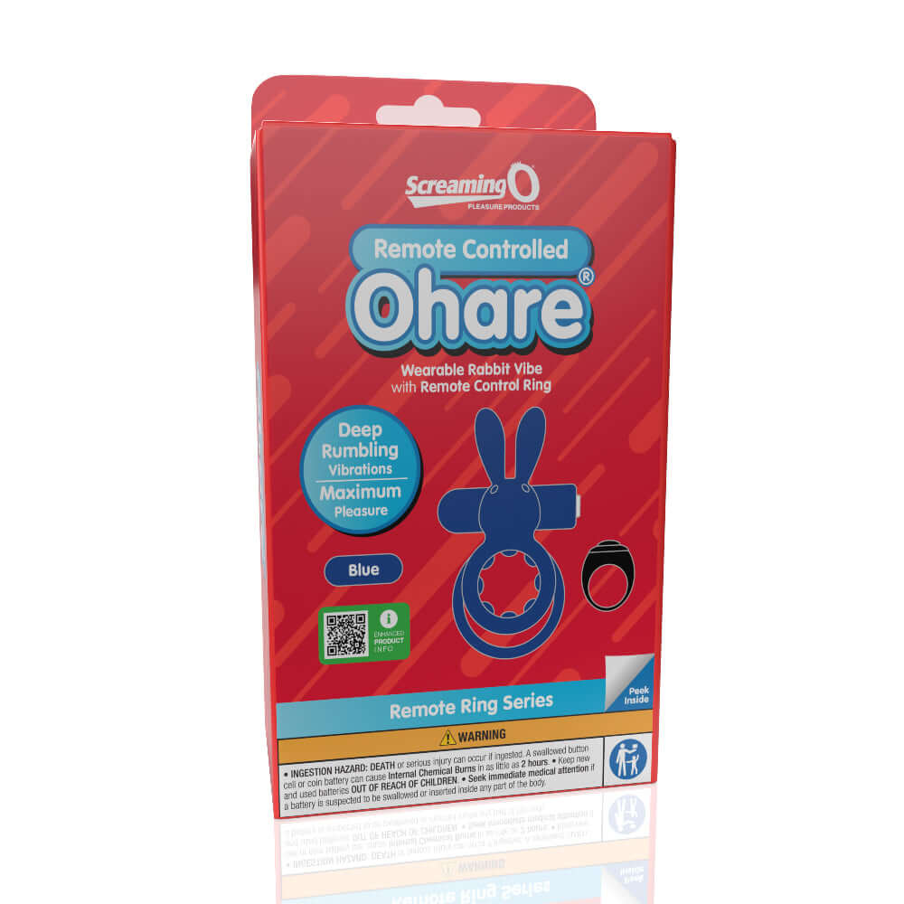 Packaging of Screaming O Remote Controlled Ohare Vibrating Ring in Blue for clitoral massage and double-ring design