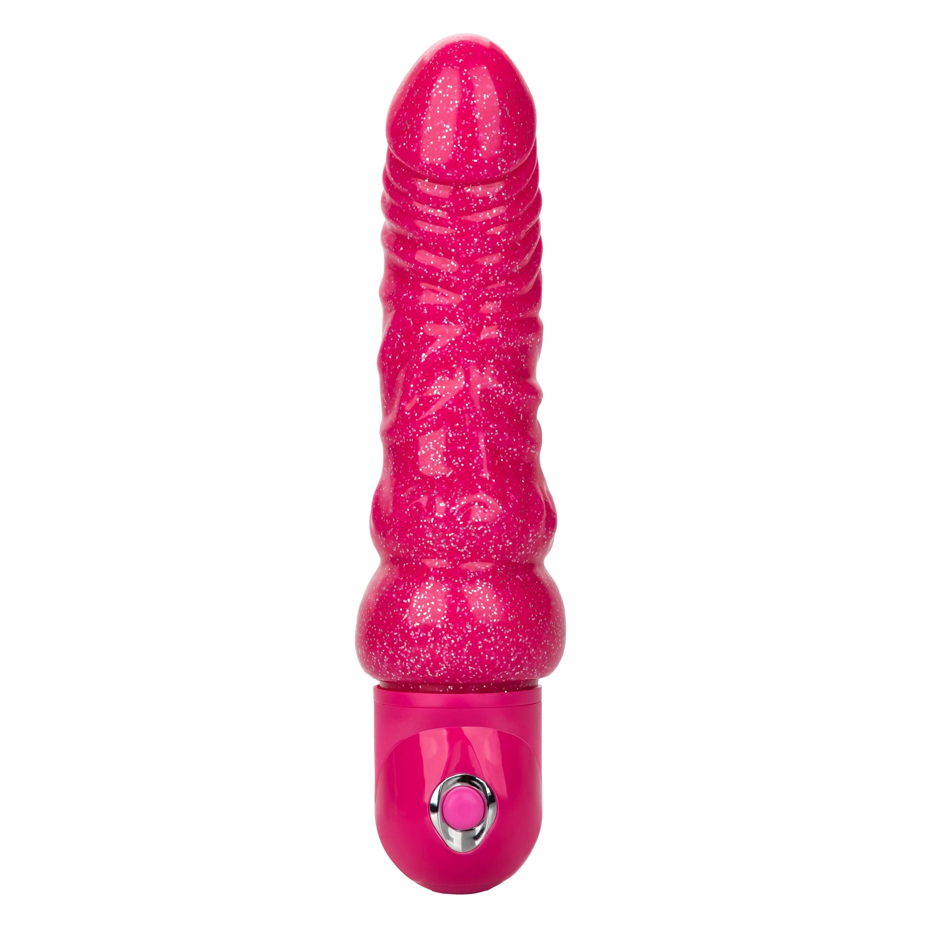 Naughty Bits Lady Boner Bendable Personal Vibrator in bright pink with glitter finish and one-button control.