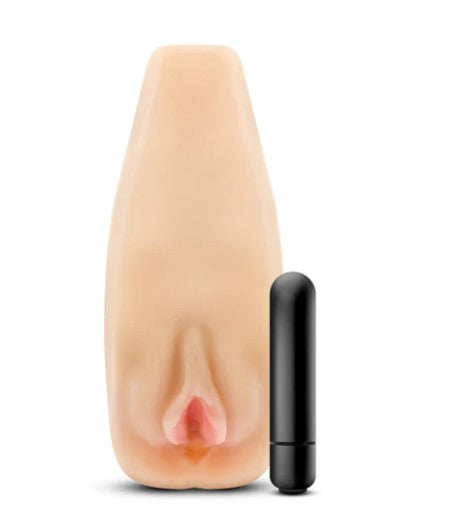 Enlust Sabrina Male Masturbator With Bullet Vibrator Beige next to a black bullet vibrator for enhanced stimulation.
