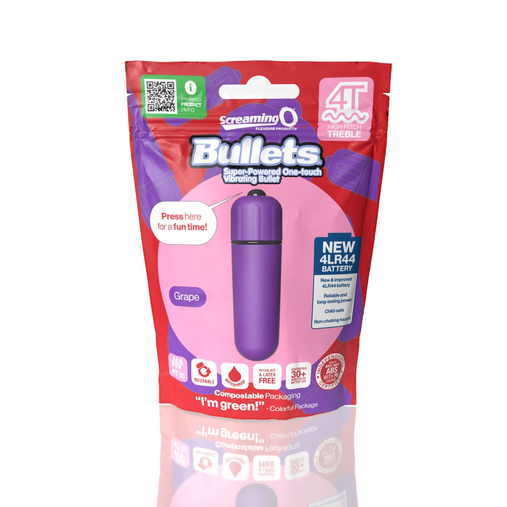 Screaming O 4T Super Powered One Touch Vibrating Bullet Grape packaging featuring a purple bullet design.