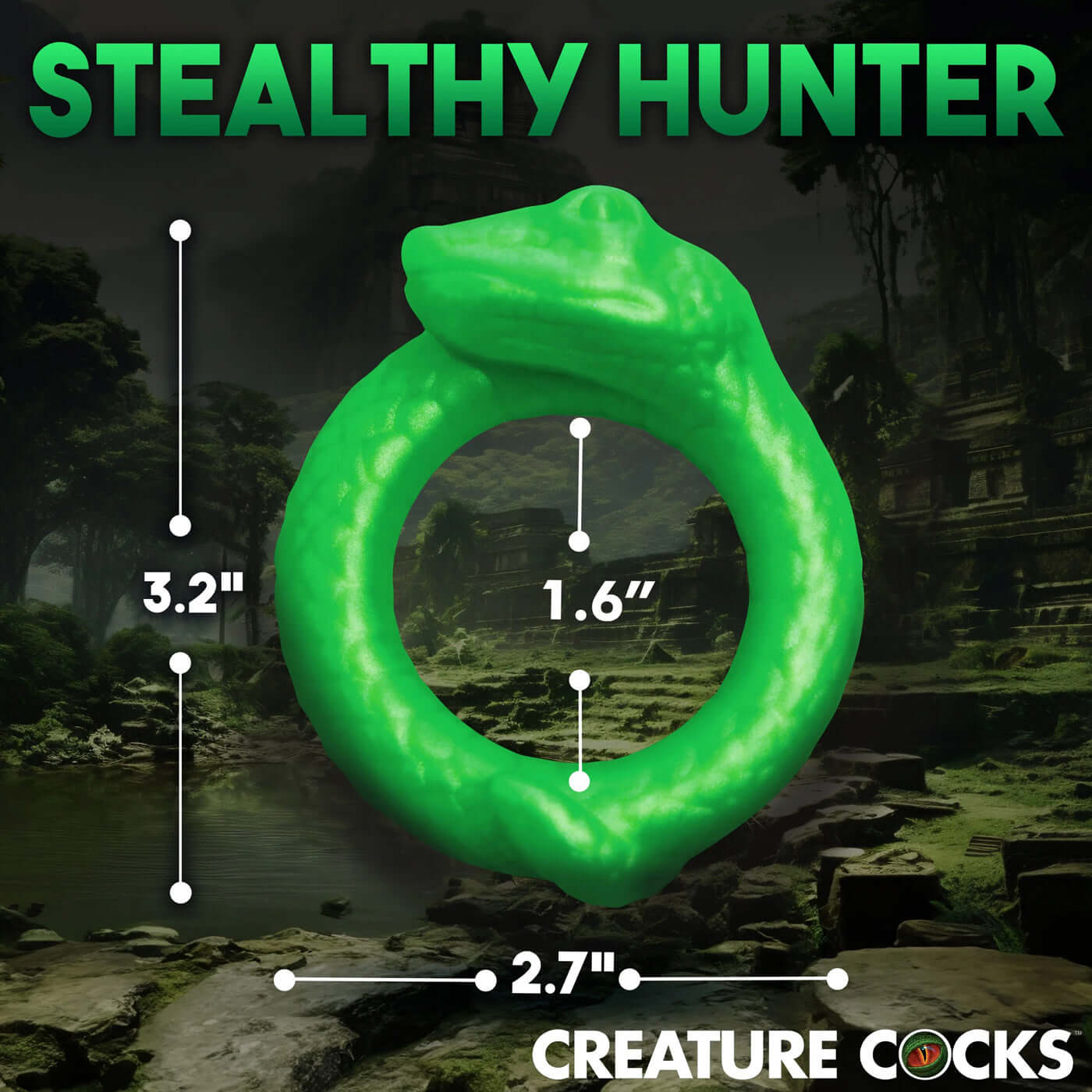 Serpentine Silicone Cock Ring - Green showing dimensions, labeled "Stealthy Hunter" from Creature Cocks.