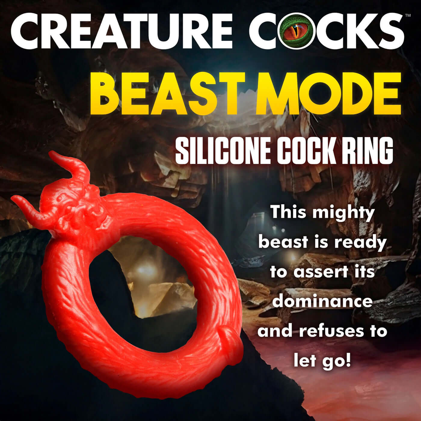 Beast Mode Red Silicone Cock Ring with beast head and horns on display in a wild cave background.