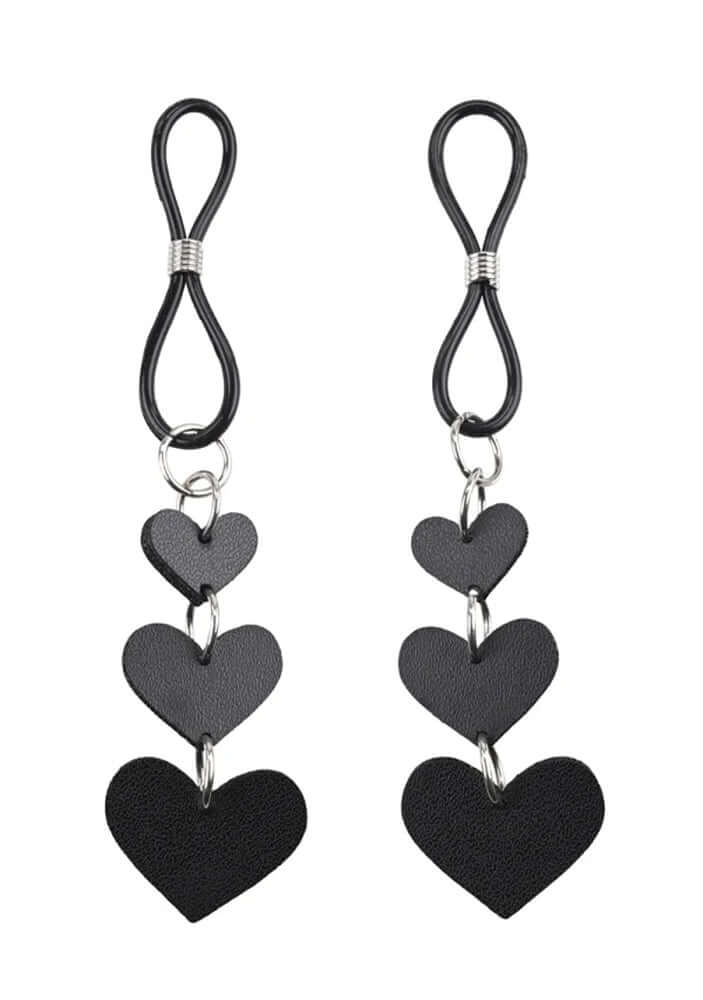 Sex & Mischief Heart Nipple Ties Black featuring three linked heart-shaped embellishments for intimate allure.