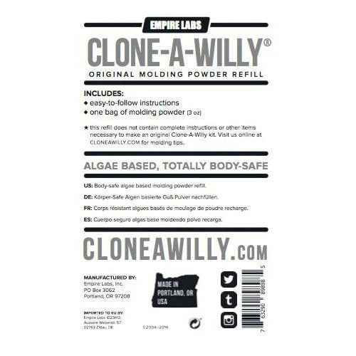 Clone a Willy Molding Powder Refill 3.3 Oz packaging showing ingredients and usage instructions for body-safe molding.