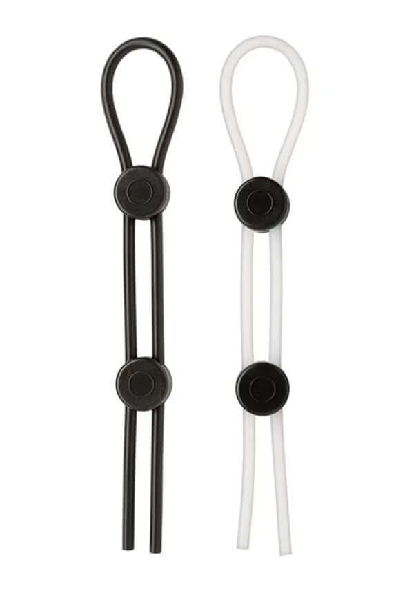 Cloud 9 Pro Sensual XL Cock Ring 2 Pack, featuring black and white silicone adjustable rings for comfort and support.
