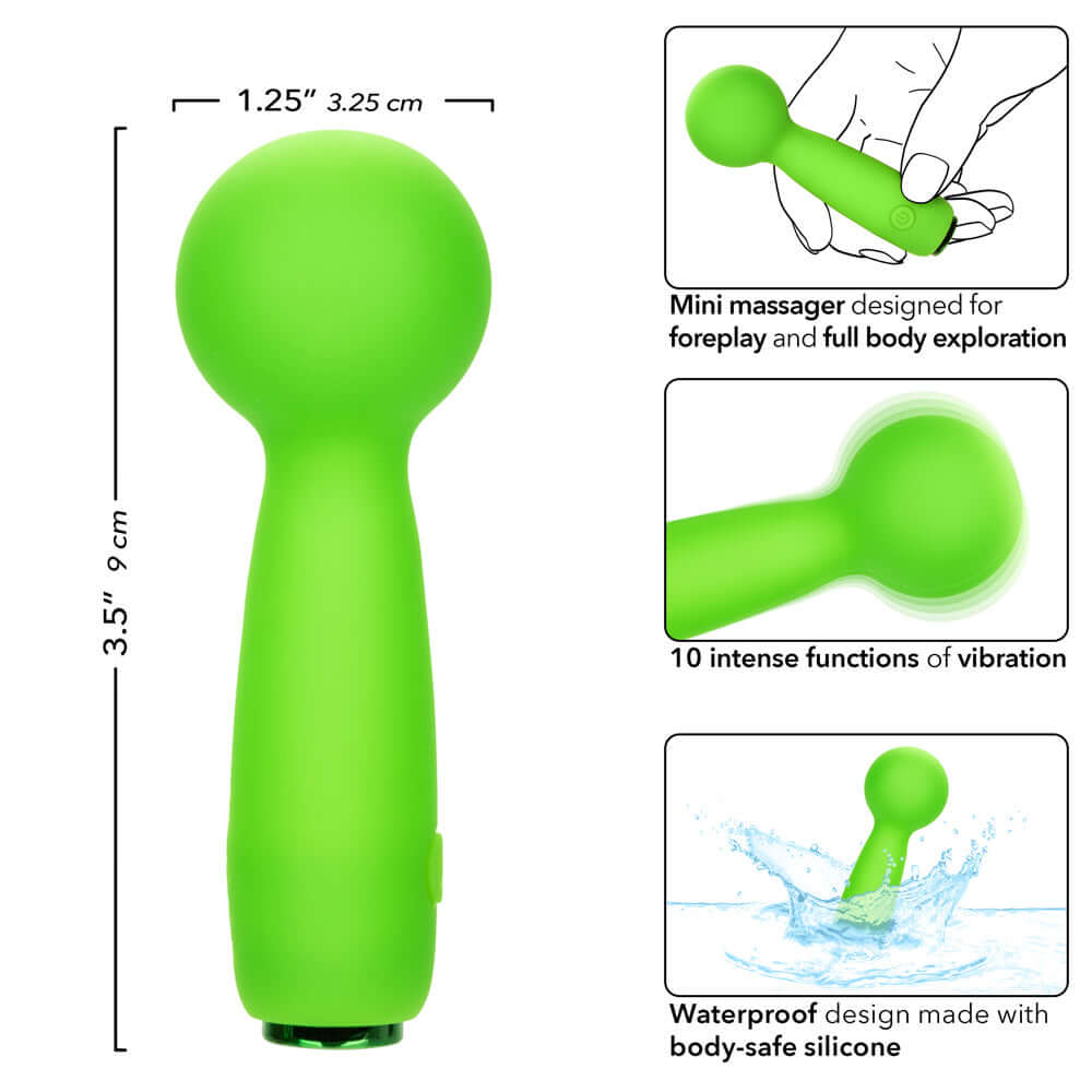 Green mini massager with 10 vibration functions, designed for foreplay and full body exploration, waterproof and made of body-safe silicone