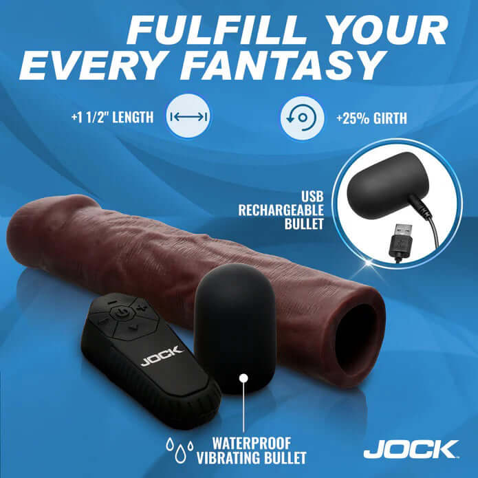 Jock Vibrating Penis Extension with Remote Dark with textured design and USB rechargeable vibrating bullet.