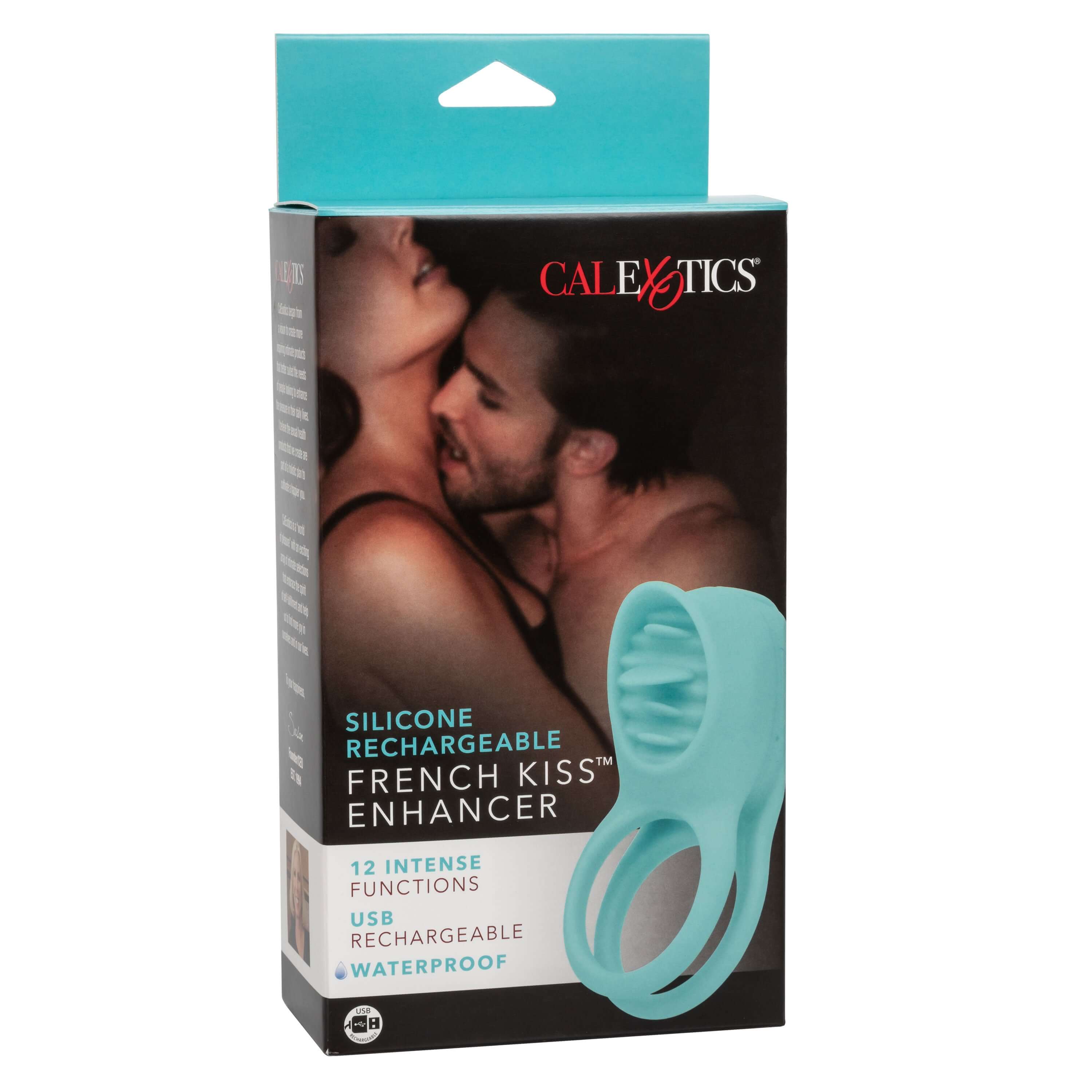 Packaging of Silicone Rechargeable French Kiss Enhancer by CalExotics, featuring a couple and product details.