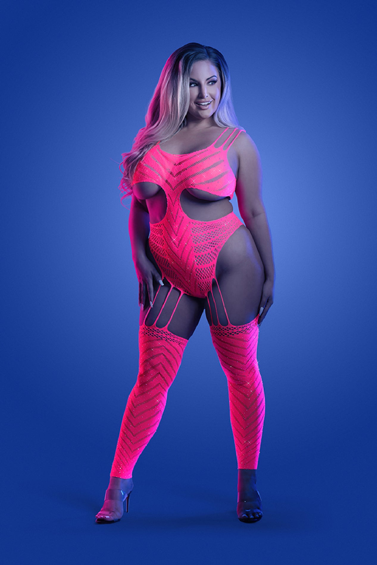 Wavelength Cutout Rhinestone Teddy Bodystocking -  Queen - Neon Pink-2