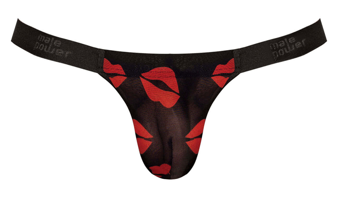 Kiss Me Micro Thong V Large X-Large Sheer Lips with kiss-print design and comfortable fit for men.