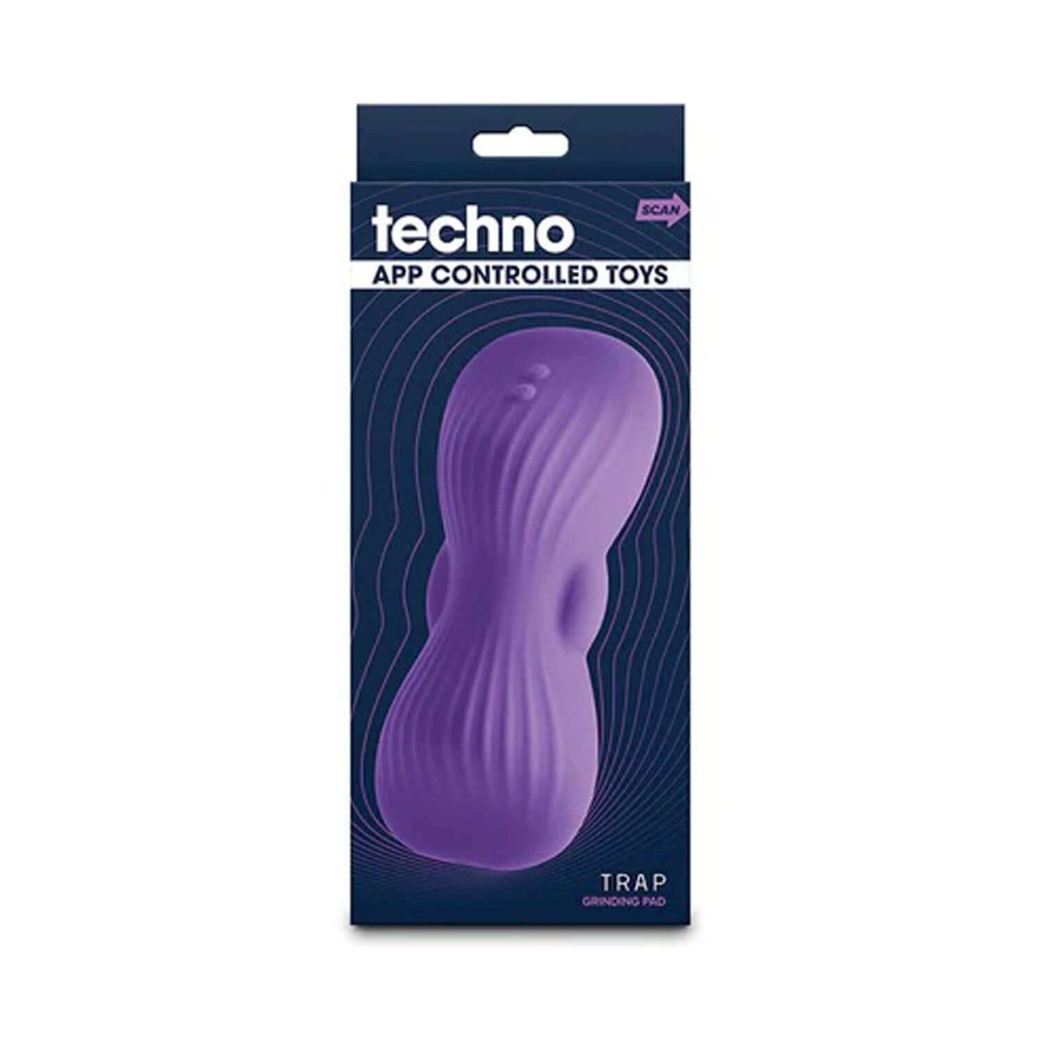 Purple Techno Trap Stimulator in packaging, app-controlled hands-free grinding pad with dual motors for intense stimulation.