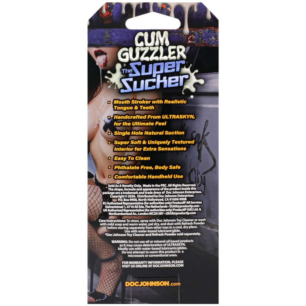 Super Sucker Cum Guzzler Ultraskyn Masturbator packaging, showcasing features and details for enhanced user experience.
