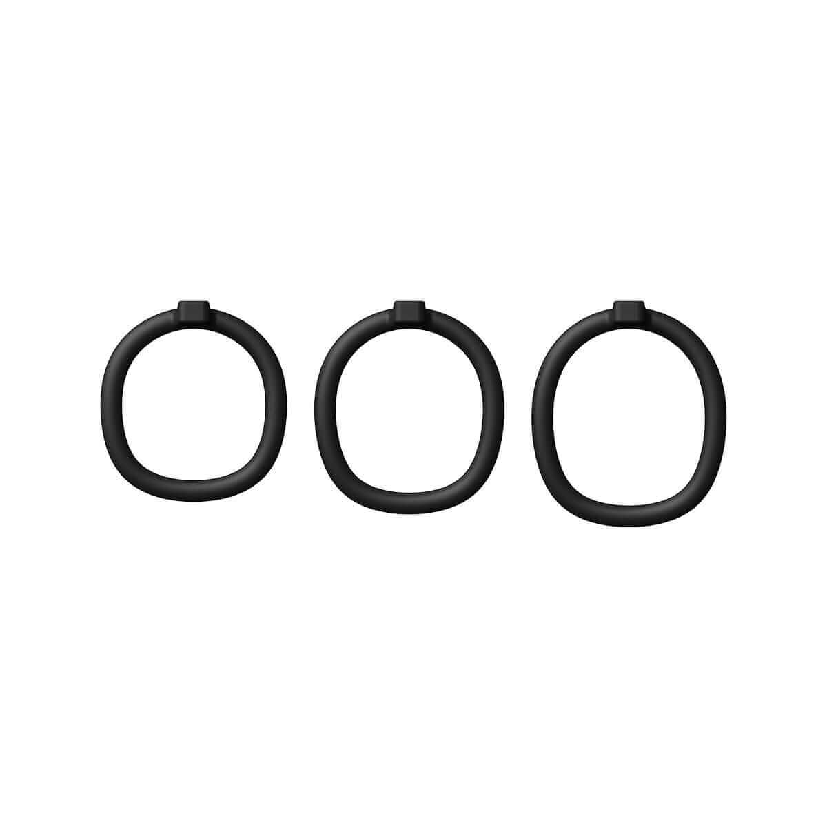 Set of three black chastity device rings, designed for comfort and style, showcasing modern aesthetic and originality.