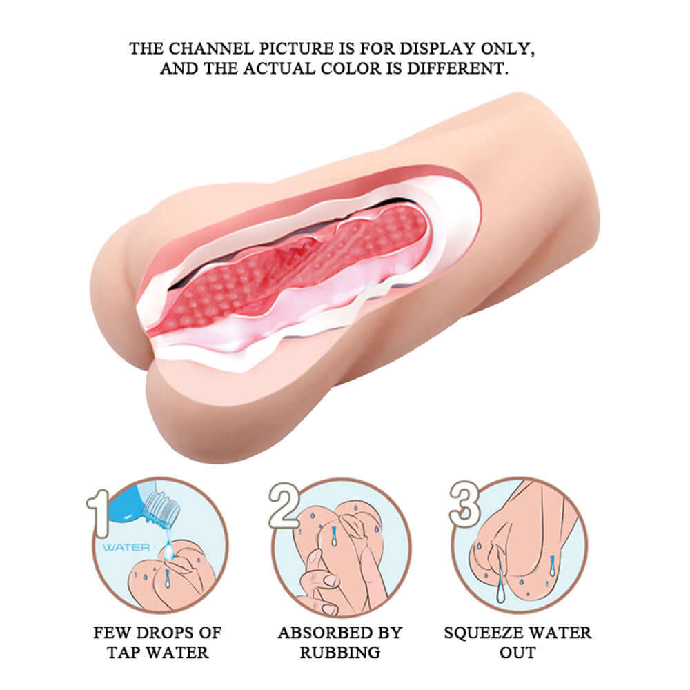 Crazy Bull Anime Girl 3D Vagina Masturbator showing realistic texture and usage steps for enhanced pleasure.