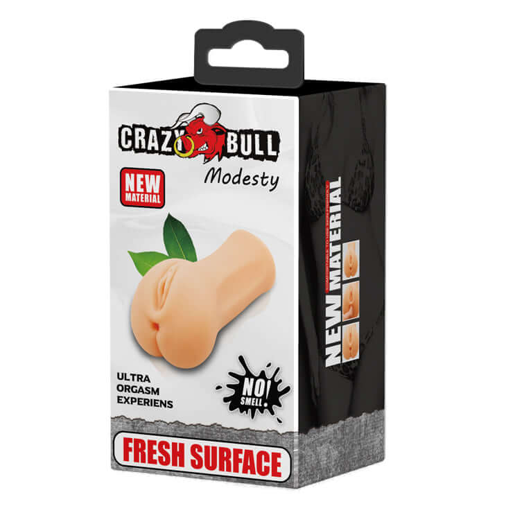 Crazy Bull Masturbator Sleeve Modesty product packaging with ultra orgasm experience and fresh surface design.