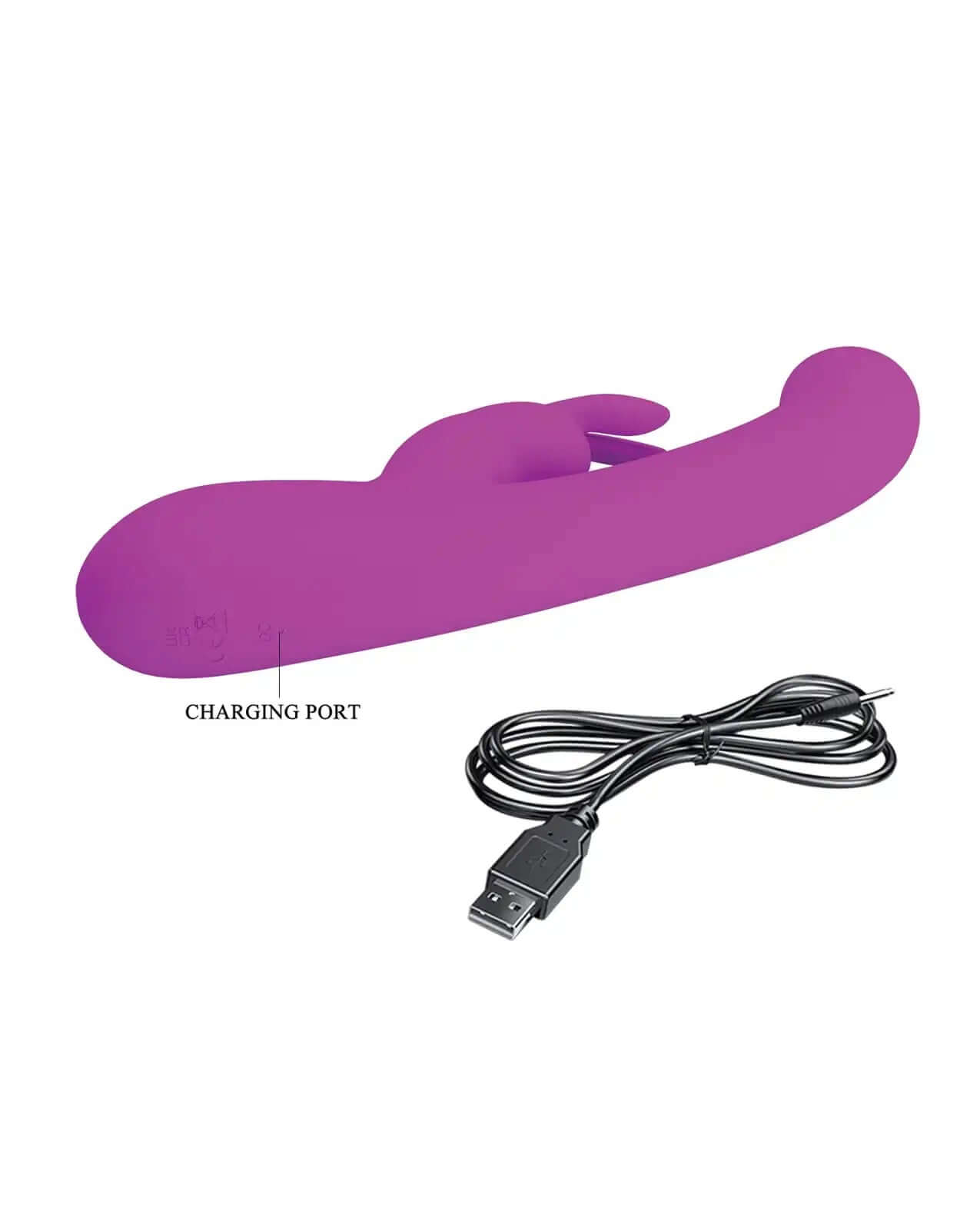 Fuchsia Lamar LED digital display rabbit vibrator with curved shaft for G-spot and clitoral stimulation, shown with USB charging cable.
