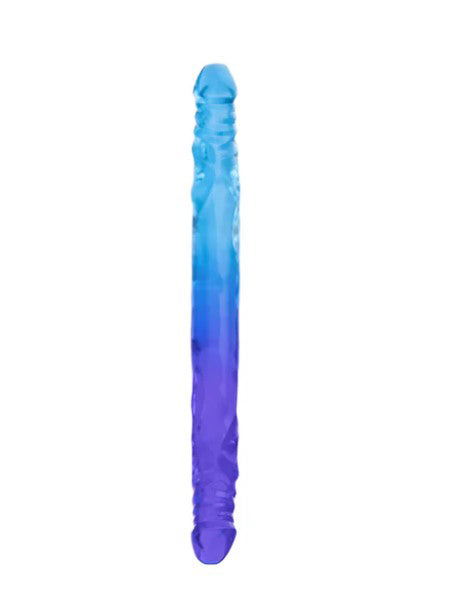 B Yours Sugar Stud Large Double Dong 13.75 inches in blue and purple gradient, ultra-flexible design for versatile pleasure.