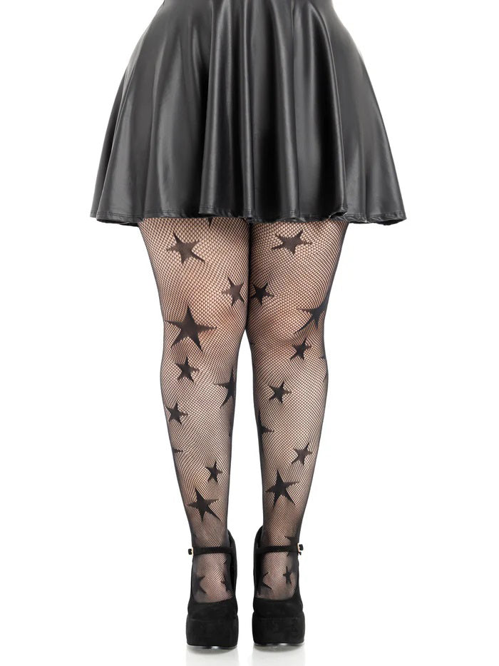 Leg Avenue Star Net Tights 1X 2X Black displayed on legs, featuring a bold star pattern and stylish black skirt.