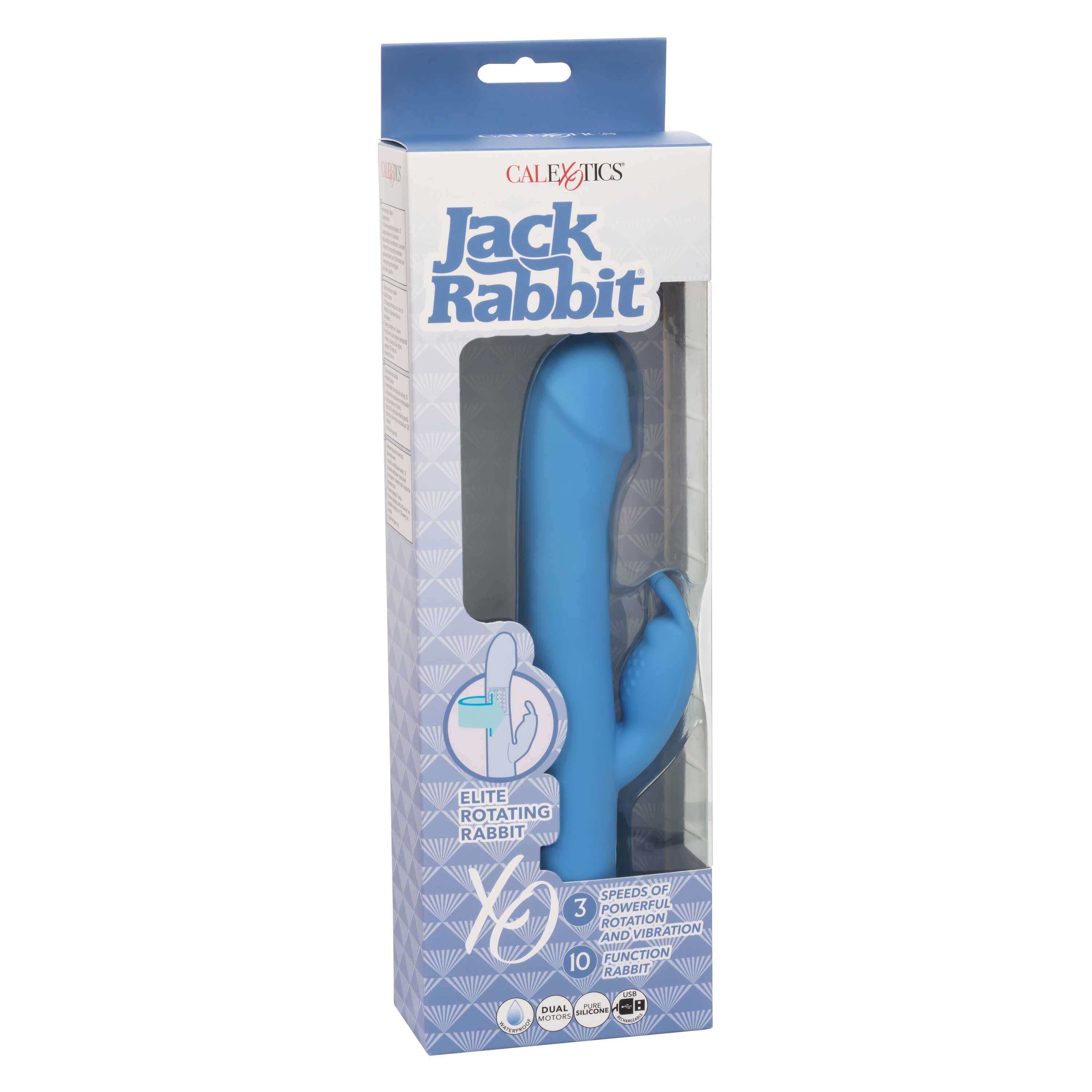 Jack Rabbit Elite Rotating Rabbit Vibrator Blue packaging showcasing its dual-action features and design.