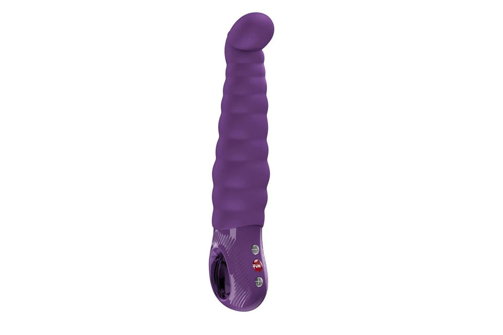 Fun Factory Patchy Paul G-Spot Vibrator Dark Violet with ribbed texture and curved tip for G-spot stimulation.