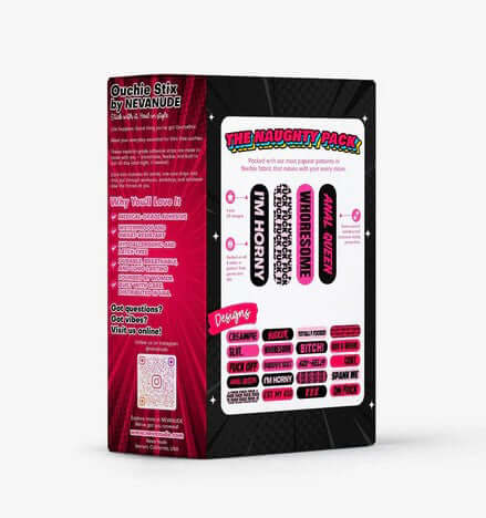 Naughty XXX Ouchie Stix Bandages 40 Pack featuring playful designs on packaging.
