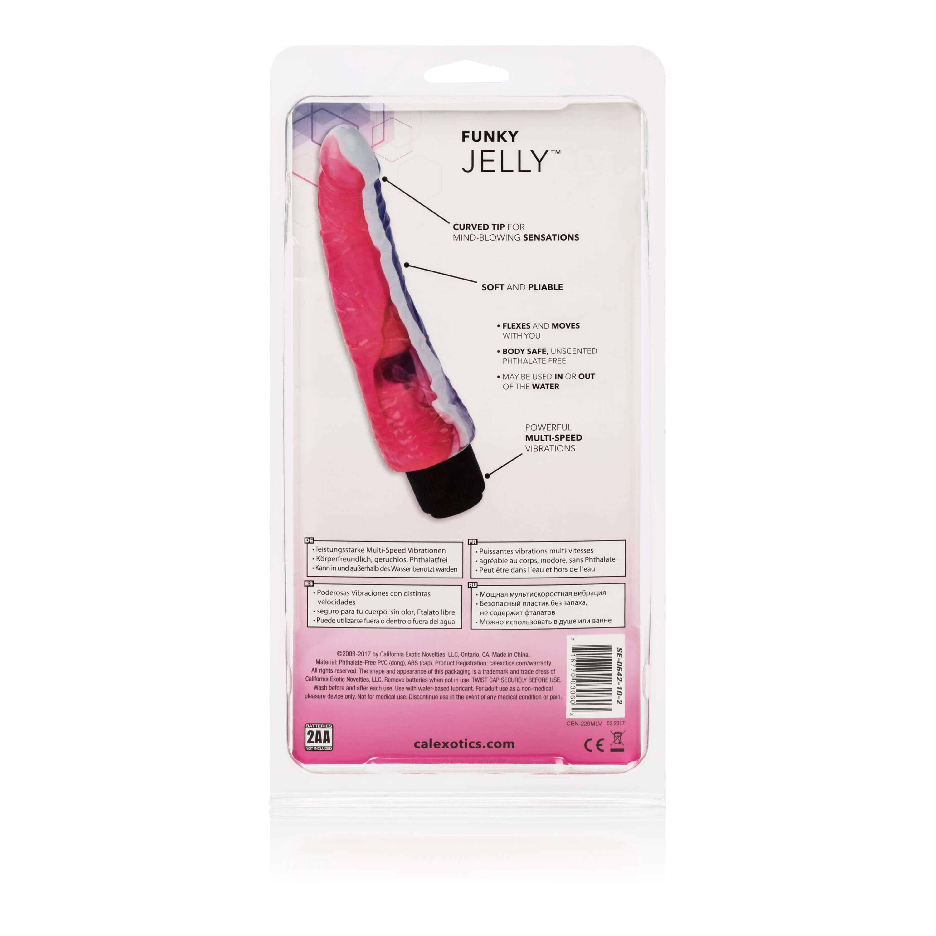 Funky Jelly Curved Vibrator 7.5 Inches Pink Purple packaging showcasing its soft design and customizable sensations.