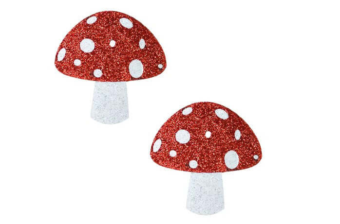 Almost Emoji Sparkly Red Shroom Nipple Cover Pasties, vibrant red shroom design with glitter accents.