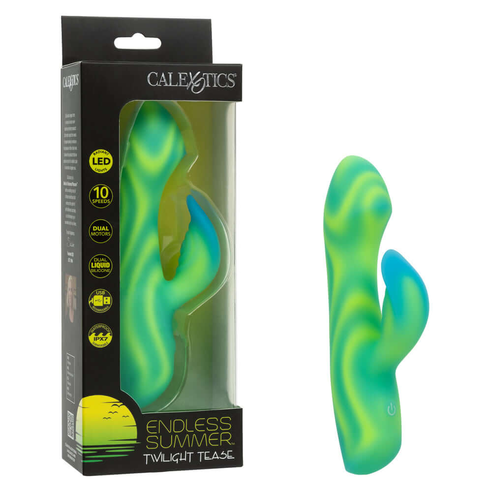 Endless Summer Twilight Tease Vibrator Green showcased in packaging, highlighting its dual-motor and ergonomic design.