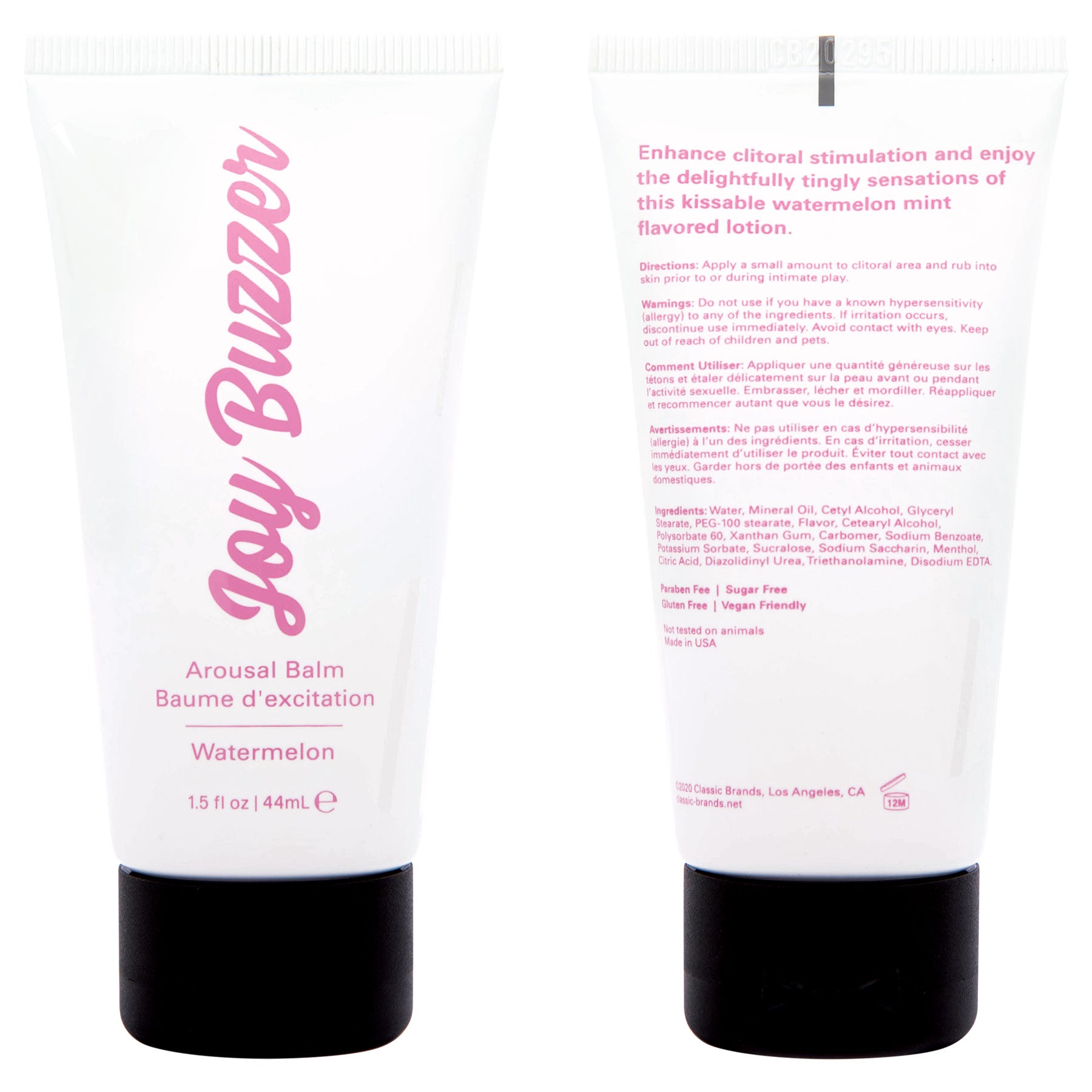 Joy Buzzer Arousal Balm Watermelon 1.5 Oz tube featuring cooling, tingling sensations and watermelon flavor for intimate moments.